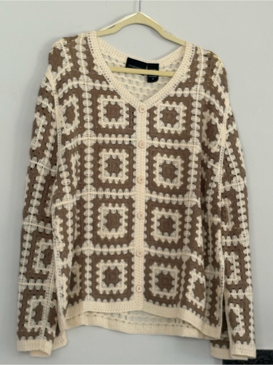 Sweaters - Cream and Brown Crochet-Style V-Neck Button down Women's Sweater